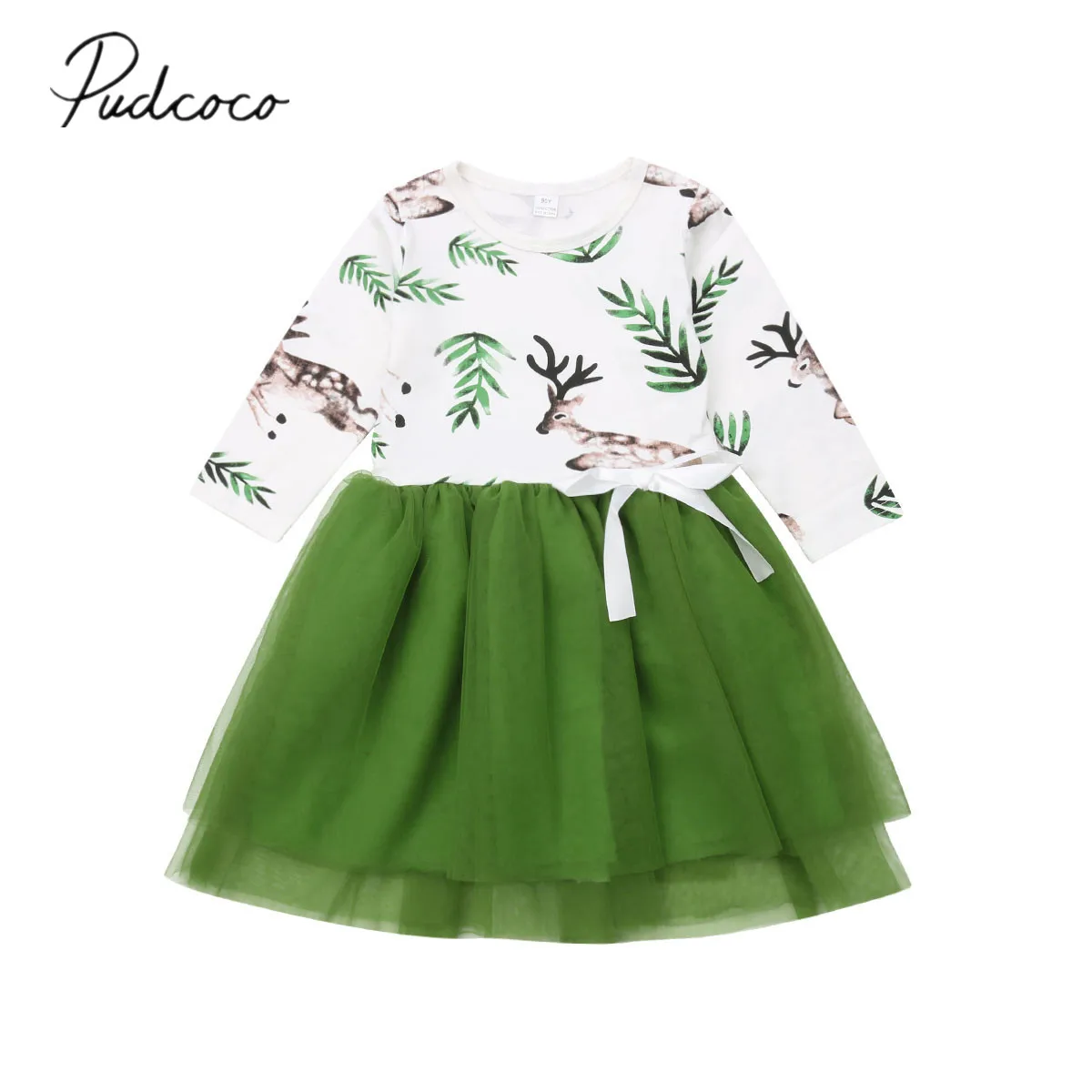 

2018 Brand New 2-7Y Infant Baby Girls Xmas Party Dress Cartoon Deer Print Bowknot Lace Patchwork Knee-Length Tutu Chiffon Dress