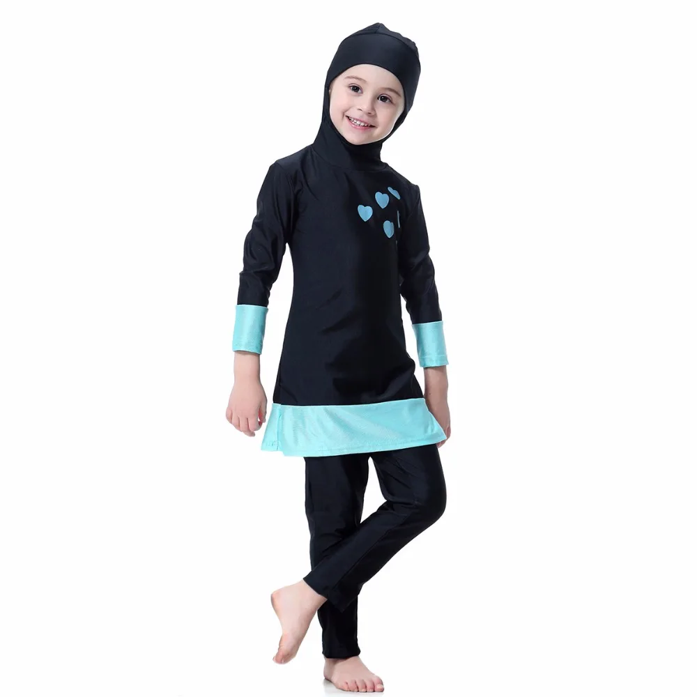 Цельный мусульманский купальный костюм из двух предметов для девочек, купальный костюм с длинными рукавами, одежда для плавания, исламский детский купальный костюм с шапками