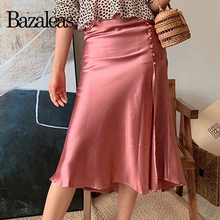 Bazaleas, винтажная атласная розовая Женская юбка, как шелк, миди юбки, сексуальная тонкая женская юбка, повседневная юбка на пуговицах, Прямая поставка