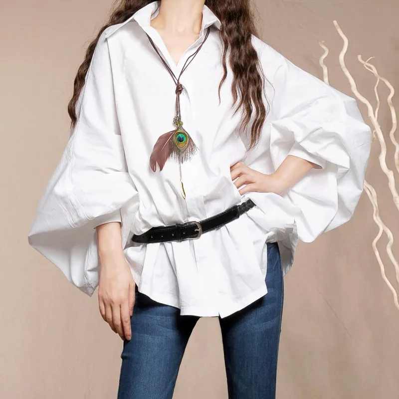 

[ LYNETTE'S CHINOISERIE - BOSHOW ] Original Design Spring Autumn White Cool Loose Long Lantern Sleeve Women Casual Cotton Shirt