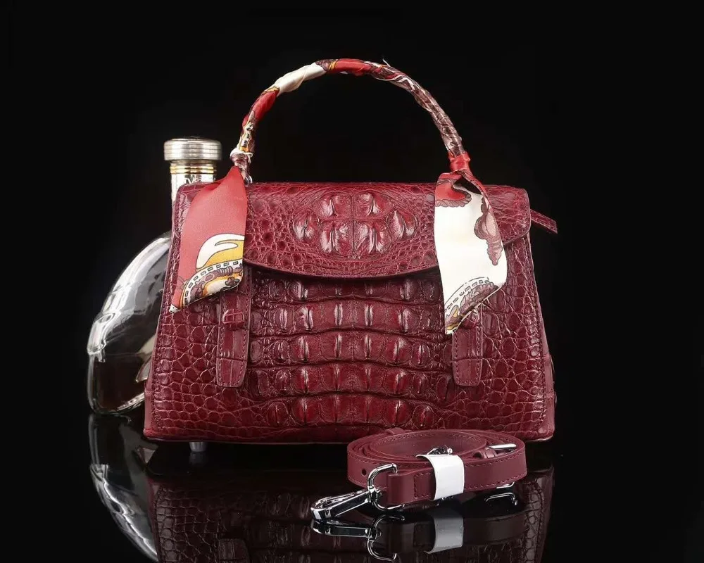 

2018 latest rope handle top quality genuine crocodile skin women top handle tote handbag pink wine red color free shipping