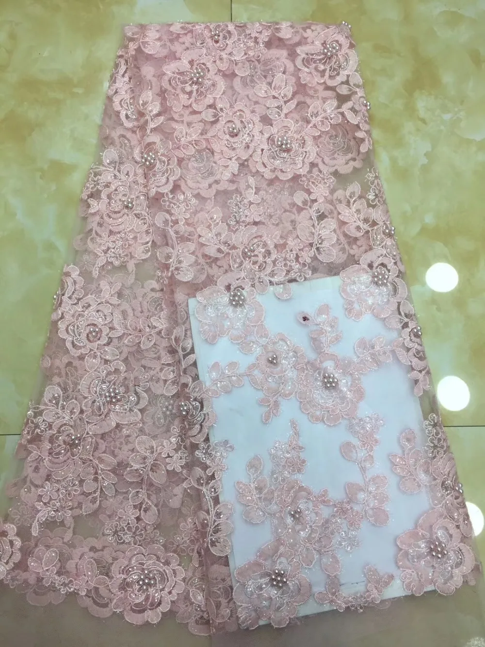 

French lace fabric 5yds/pce dhl pink beaded sequins embroidery fabrics women gorgeous luxury bright party event dress 2019 new