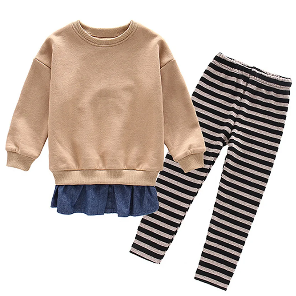 

Toddler Girls Clothes Set Fashion Long Sleeve Denim Patchwork Tops Stripe Pants Autumn Fall Toddler Girl Outfits 1 2 3 4 5 Years