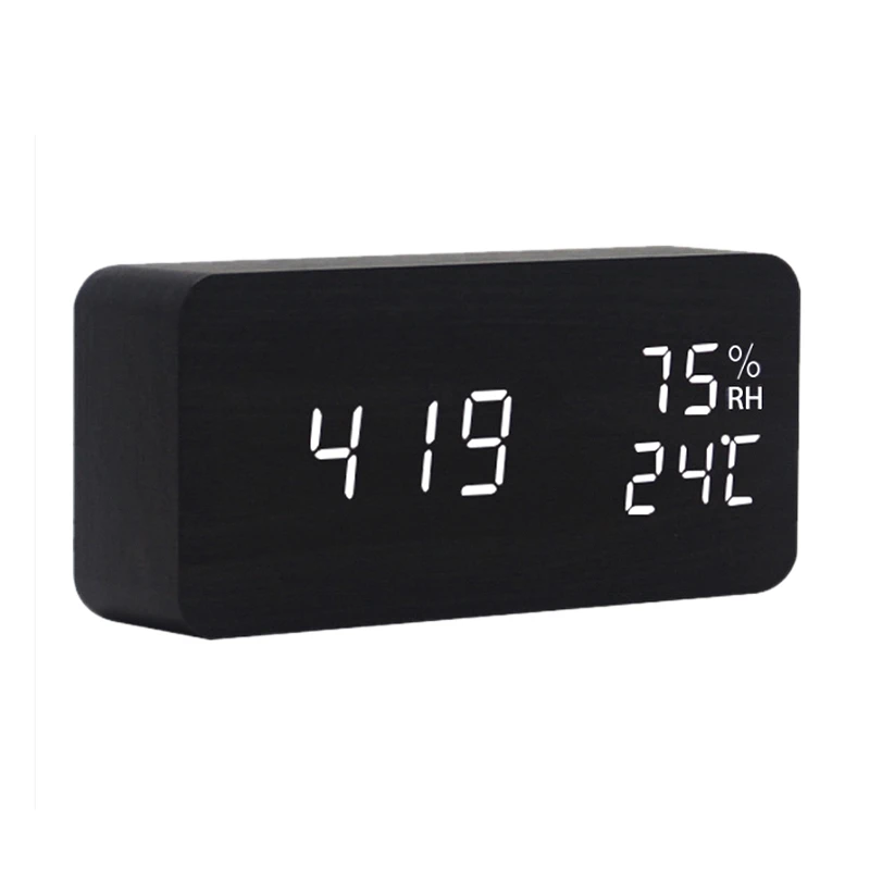 Modern Led Alarm Clock Temperature Humidity Electronic Desktop Digital Table Clocks,Black+ white subtitles