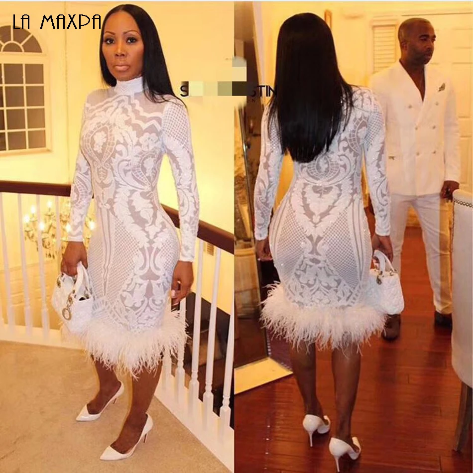 

Elegant High quality sexy women 2017 fashion women white turtleneck long sleeve knee length dress sexy party feathers dress