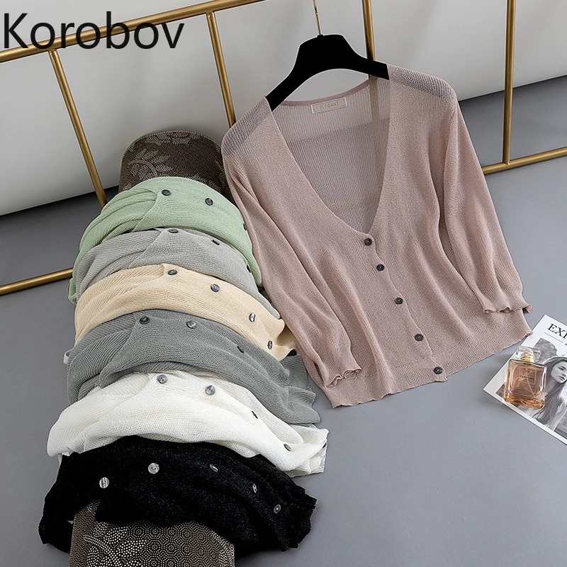 

Korobov Korean Loose Casual Thin Summer Cardigans Single Breasted Three Quarter Sweaters Vintage Solid Sueter Mujer 78442