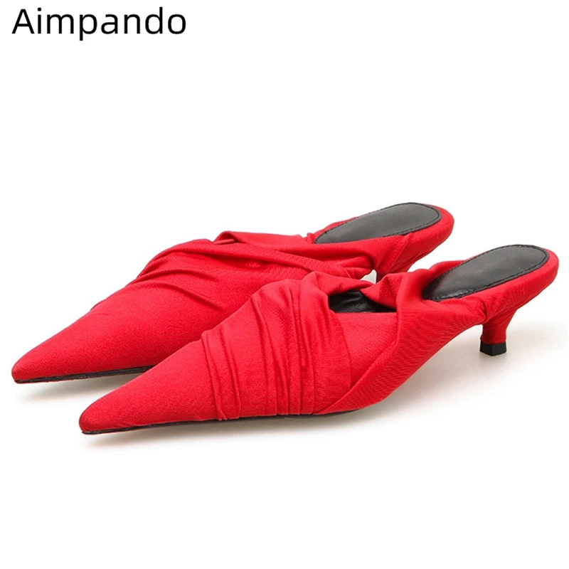 

Candy Color Spring 2019 Satin Mules For Women Pointed Toe Pleated Shallow Shoes Sexy Slingback Outwear Slippers Shoes Woman
