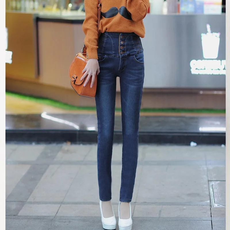 Women winter warm jean thicken skinny jeans high waist jeans velvet denim pants Female long trousers