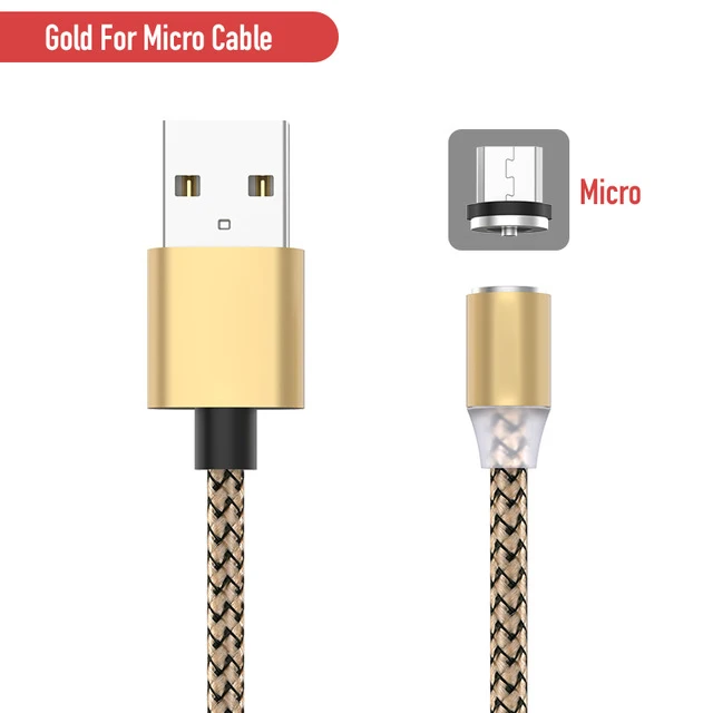 Магнитный кабель плетеный светодиодный Micro USB type C Магнитный usb-кабель для зарядки для Apple IPhone X 7 8 6 Xs Max XR samsung s9 шнур - Цвет: Gold for Micro