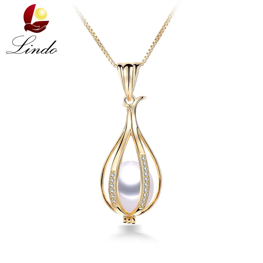 

Fashion Solid Silver Cage Pendants For Women Elegant Natural Freshwater Pearl Necklace High Luster Gold Color S925 Jewelry Lindo