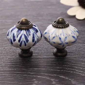 

Ceramic 34mm Cupboard Cabinet Knobs Single Hole Blue Leaf Hand Painted Pumpkin Handles Drawer for Furniture Hardware
