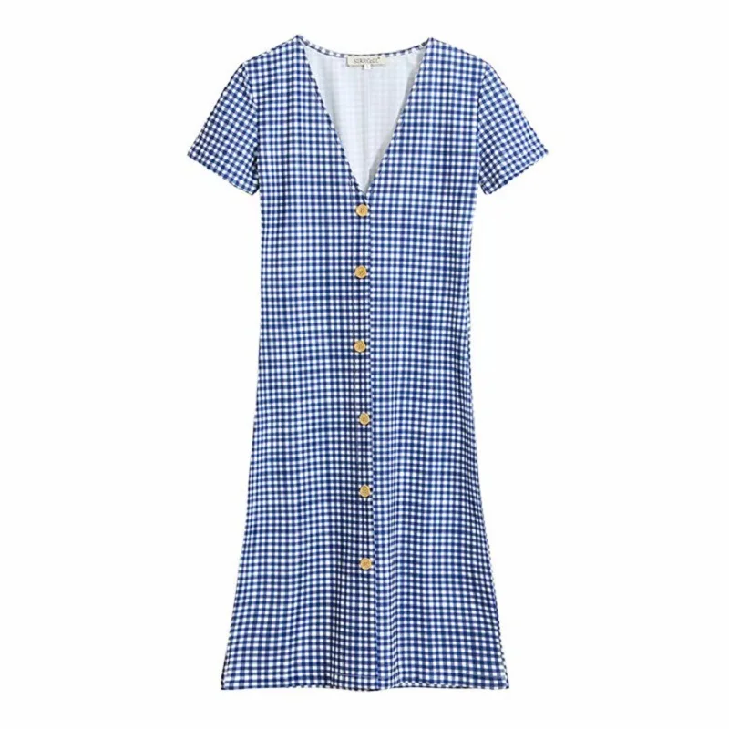 

BBWM WOMAN Classic Retro Plaid Dress Elegant Women V-Neck Single Breasted Dresses Mid-Calf Casual Ladies Vestidos