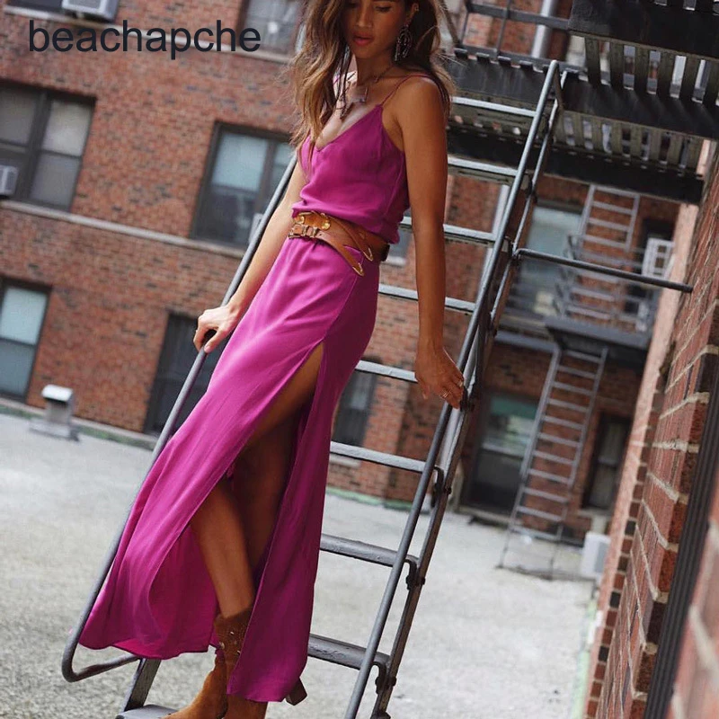 

High Split Sexy Dress Women Spaghetti Strap Halter Long Dress Irregularity Elegant Maxi Party Dress Backless Vestidos