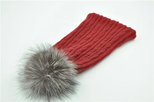 Зимние шерстяные шапки, вязаные женские шапки для девочек, толстые двухслойные теплые модные шапочки, шапка с большим меховым помпоном для женщин - Цвет: Red silver fox
