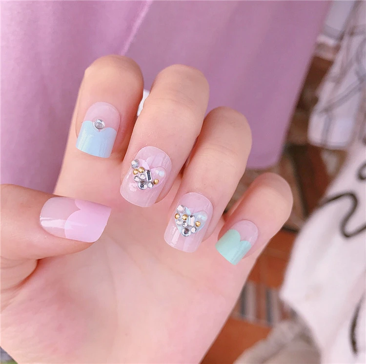 24pcs Full Nail Tips Nude Color False Nails With Fashion Rhinestone Full Cover Fake Nails With Glue For Lade Girl Nails With Glue False Nailsfashion False Nails Aliexpress