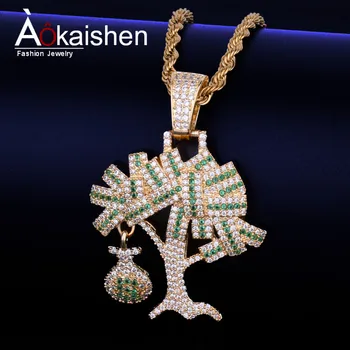 

US Dollar Money Tree Pendant Necklace & Pendant Free Steel Cuban Chain Gold Color Cubic Zircon Men's Hip hop Jewelry For Gift
