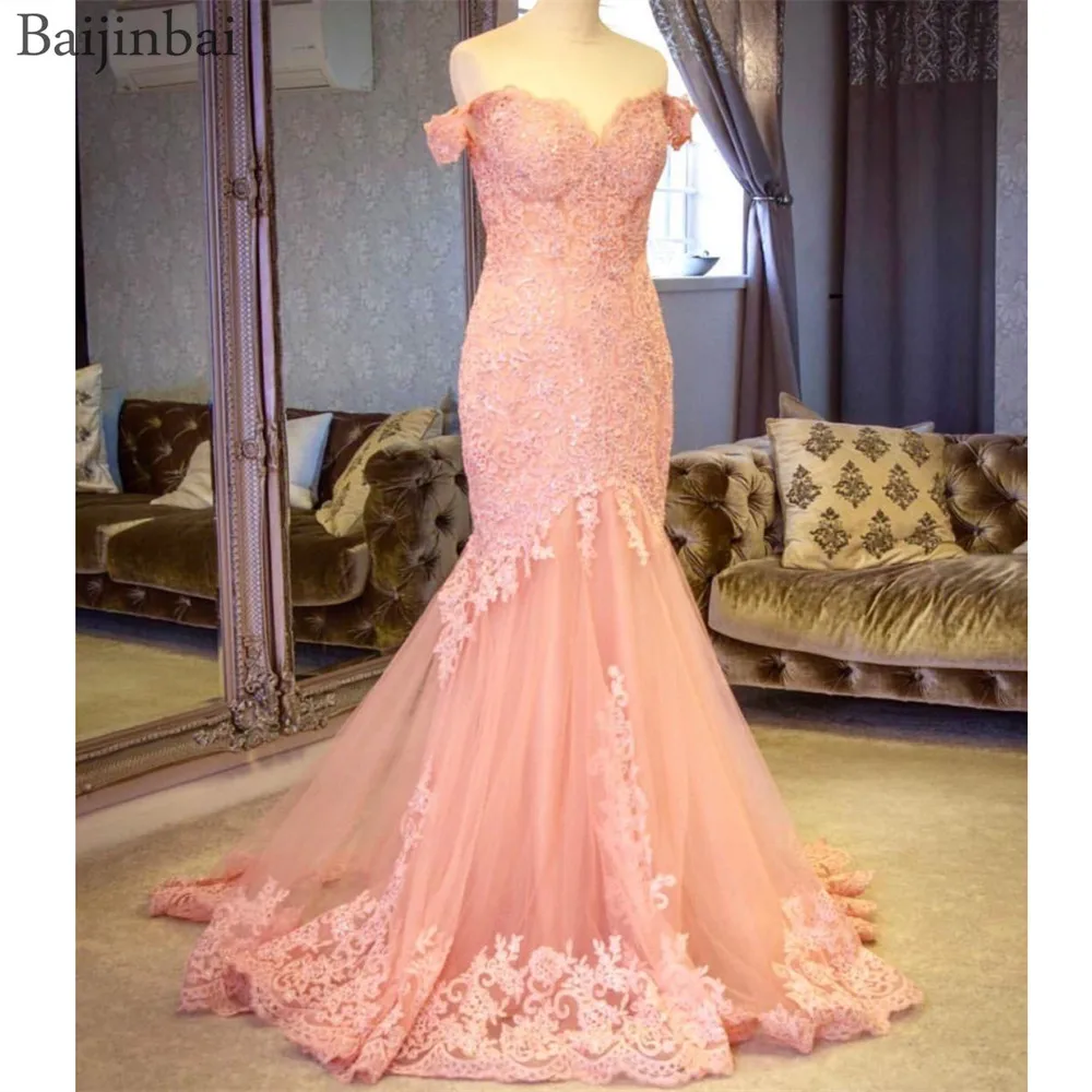 

Baijinbai Sleeveless Embroidered Lace Prom Dresses with Crystals Mermaid Evening Gowns Long Tulle Formal Dress robe de soiree
