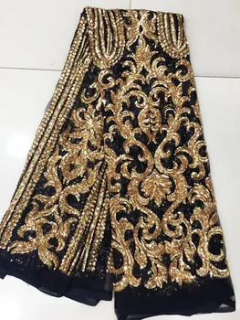 

Sequins nigerian cord lace fabric with 3 d flowers for wedding gold africa lace fabric on sale black french net lace