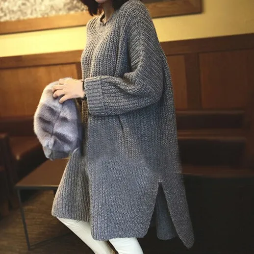

2018 Autumn Winter Women Split Sweater Casual Solid Knit Sweater Pullover Pullovers Thick Warm Loose Jumper Knitwear