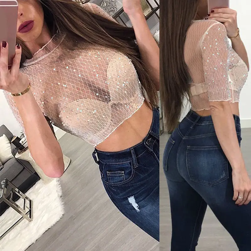 Топ женский прозрачный с коротким рукавом|oversized top|shiny toptop casual |