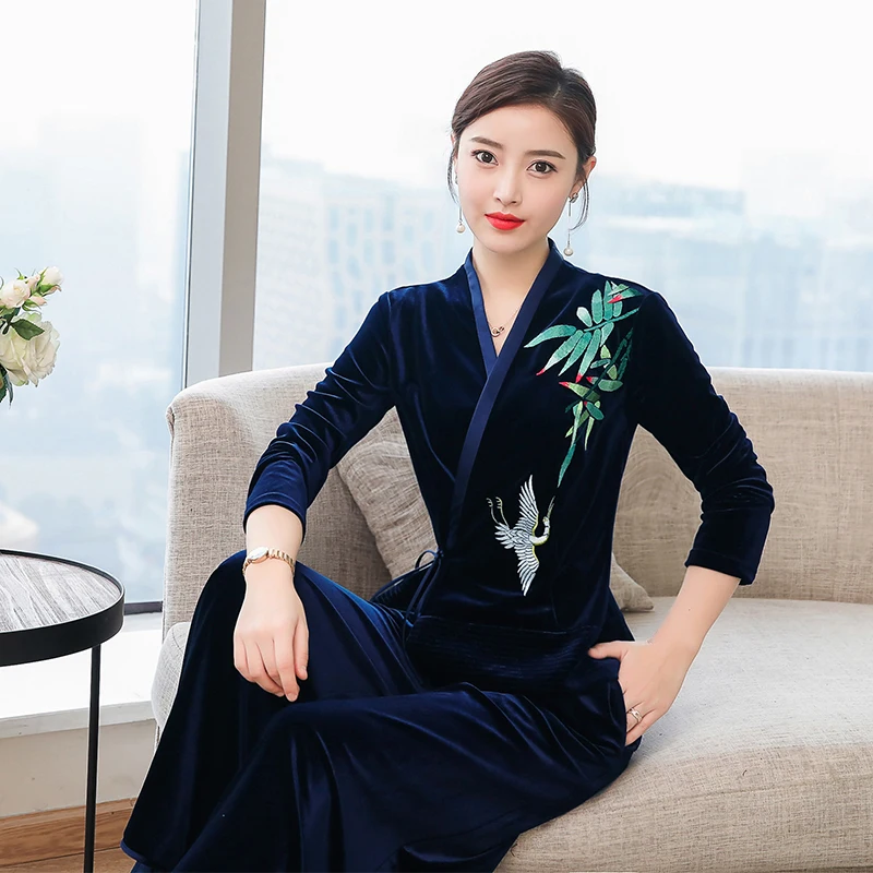 

Navy blue 2 piece sets womens outfits velvet top ad pants suits woman emboridery co-ord set winter 2019 spring tracksuit clothes