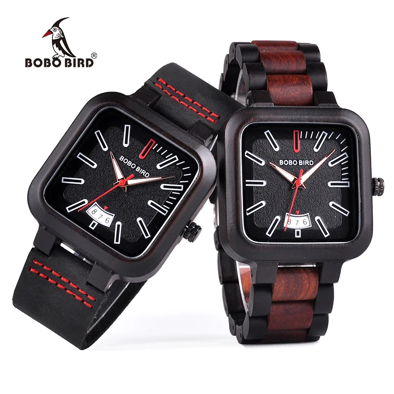 

Relogio Masculino BOBO BIRD Wood Watch Men Women Square Dial Auto Date Quartz Wristwatch Wood Leather Band Customized Gift Box