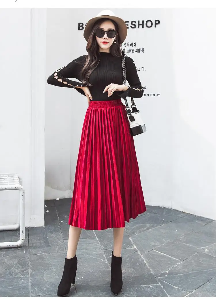 Осенне-зимняя Вельветовая юбка с завышенной талией, облегающая длинная Плиссированная юбка, большие размеры 3XL, миди, Saia 5822 - Цвет: Красный
