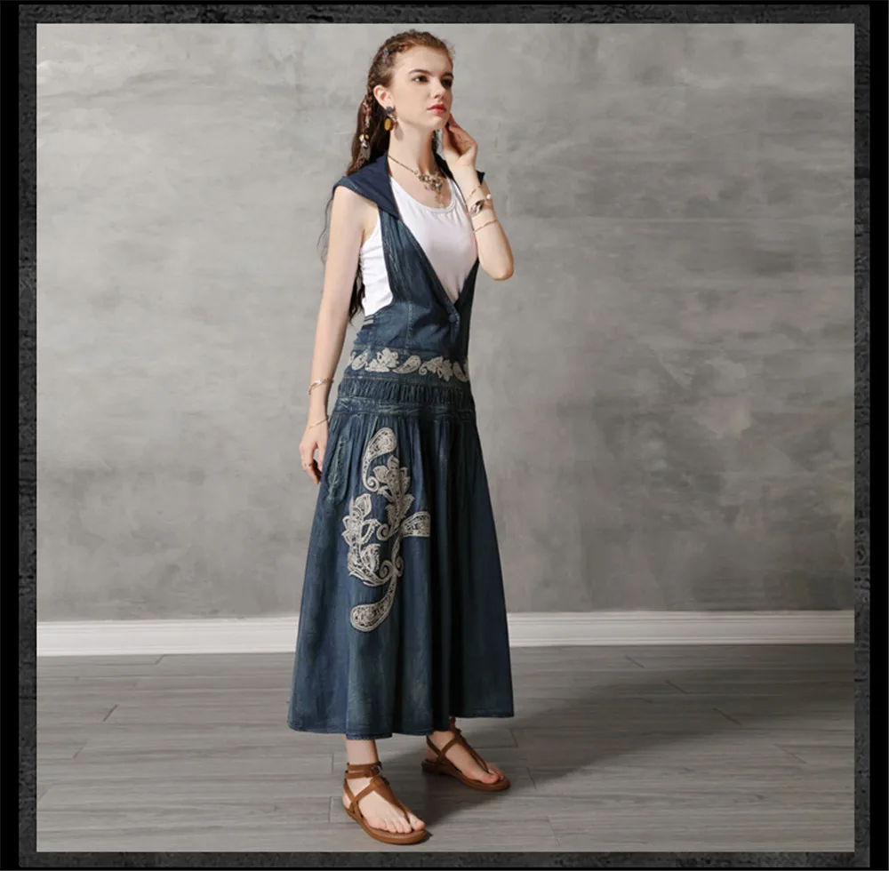 Vintage Hooded Women Dress 2019 Summer Denim Dresses Embroidery V-Neck Loose A-line Long Vestidos Femininas Woman Dress 82109 (12)