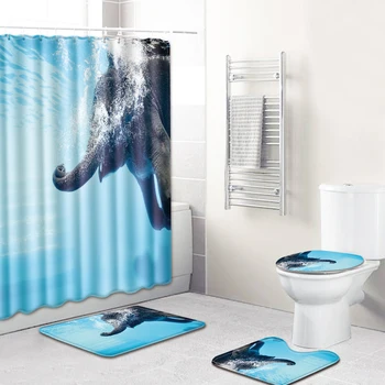 

Tropical Elephant Flannel Bath Mat/Toilet Pad Set Home Decor Anti-slip Toilet Carpet Waterproof Shower Curtain Bath Mat Set