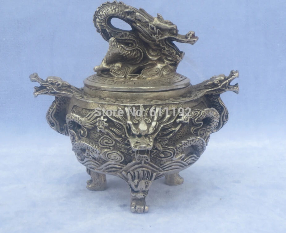 

Decorative collection Tibet silver Exorcism Incense burner, Hand-carved dragon sculpture censer Metal crafts