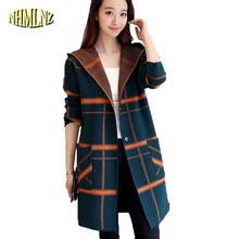 Осенний длинный свитер, пальто для женщин, длинный рукав, с капюшоном, клетчатый свитер, тонкий кардиган, свитер, женский, элегантный, повседневный, вязаный, DAN196