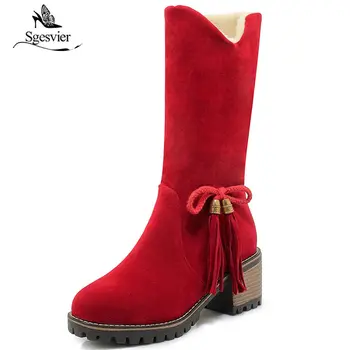 

Sgesvier Size 33-43 Women High Heels Bow Boots Thick Fur Winter Woman Shoes Thick Heels Warm Fashion Ladies Mid Calf Boots B623