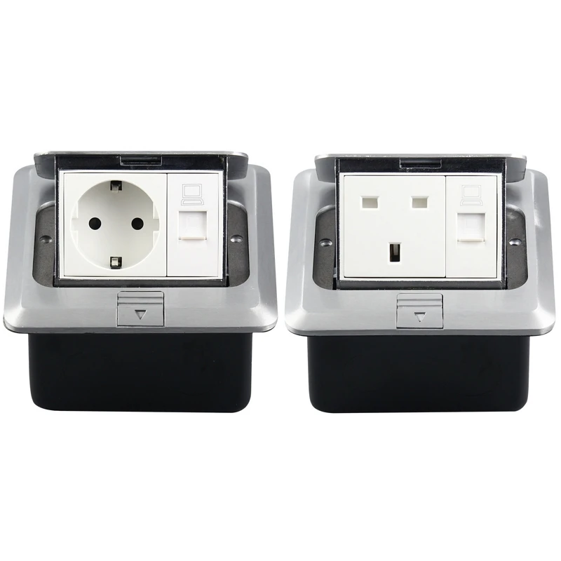 EU Standard Pop Up Floor Socket Aluminum Panel German/UK Type Power Electrical Outlet With RJ45 Internet Computer Port 13A/16A |