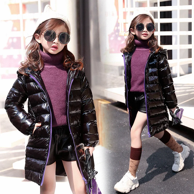 

Children Down silver gold long leather Jacket 2018 Russia Winter Cotton Padded hooded Kids Warm Outwear Snow Coat For Boys Girls