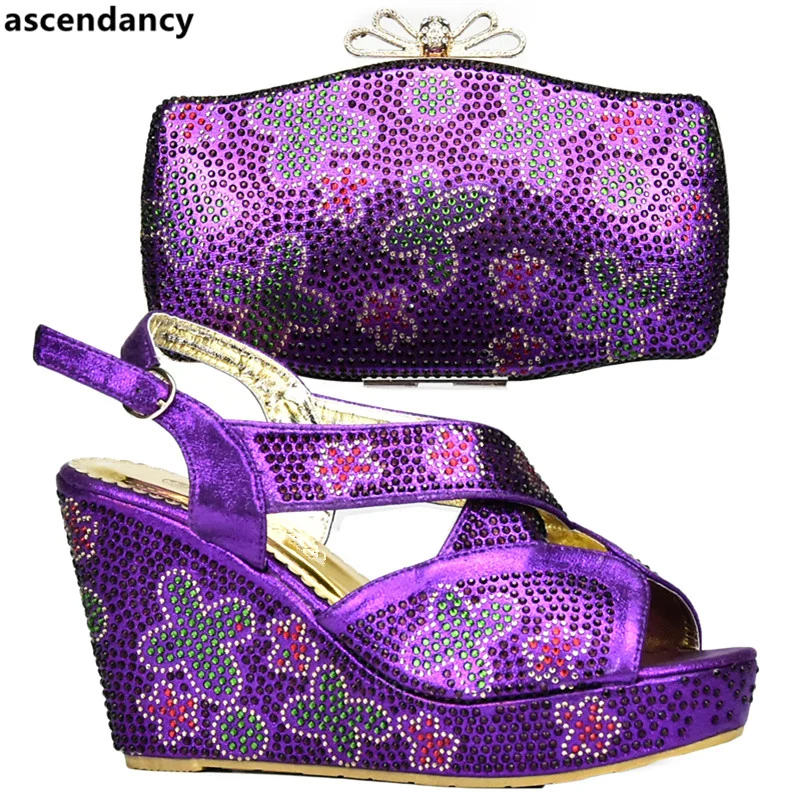 

Purple Color African Shoes and Matching Bag Italian Italian Shoes and Bags To Match Shoes with Bag Set Decorated with Rhinestone