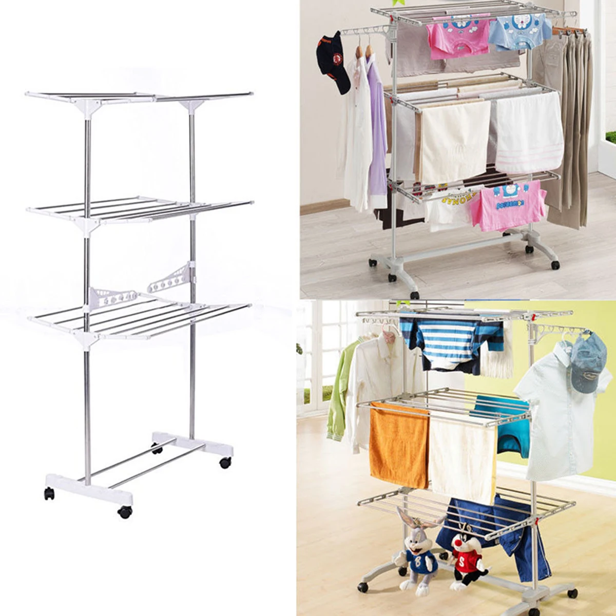 

2019 Newest Multifunction Drying Racks 3 Tier Stainless Organizer Folding Hanger Stand Airer for cloth and towe Drierl