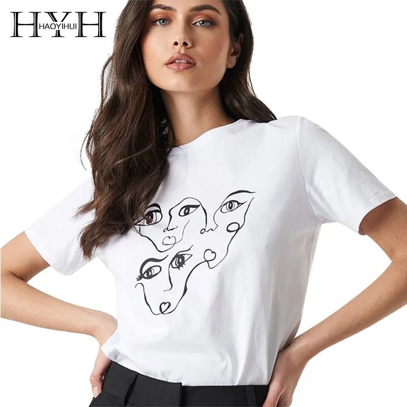 

HYH Haoyihui Femme Simple Summer Stylish White Casual Tops O-Neck Basic Style Abstract Face Printing Round Collar Short Sleeve