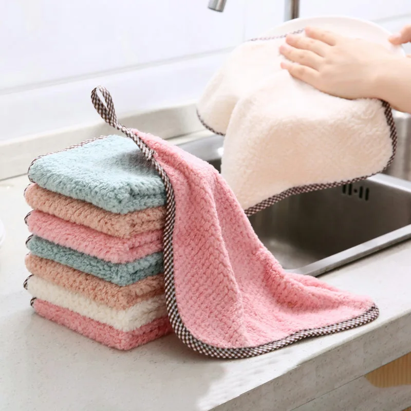 

2pc Super Absorbent Microfiber Cleaning Cloths Hangable Coral Fleece Tableware Dish Cloth Cleaning Towel Kitchen Tools