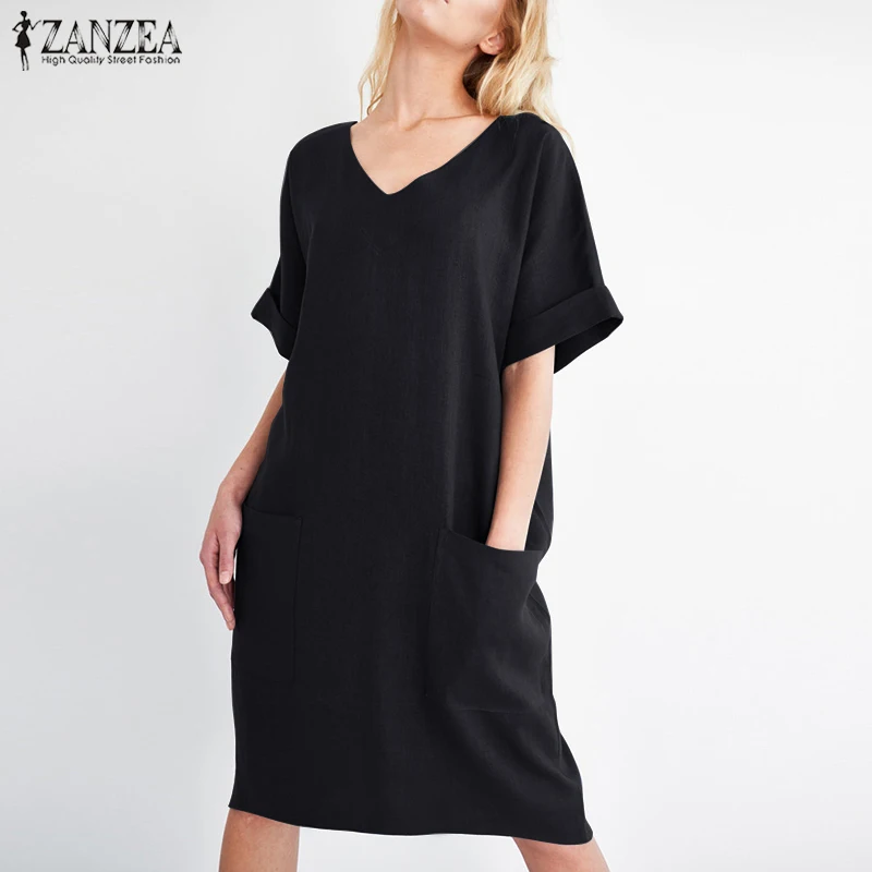 2019 ZANZEA الصيف النساء V الرقبة قصيرة الأكمام جيوب فضفاض الصلبة قميص Vestido عارضة أنيقة القطن الكتان العمل اللباس زائد حجم