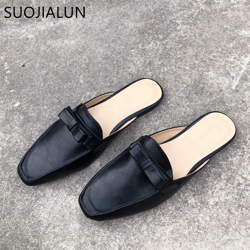 

SUOJIALUN Women Flat Slippers Slip On Mules Women Casual Loafers Brand Bow-knot Shoes Platform Sandals Chaussure Big Size 41