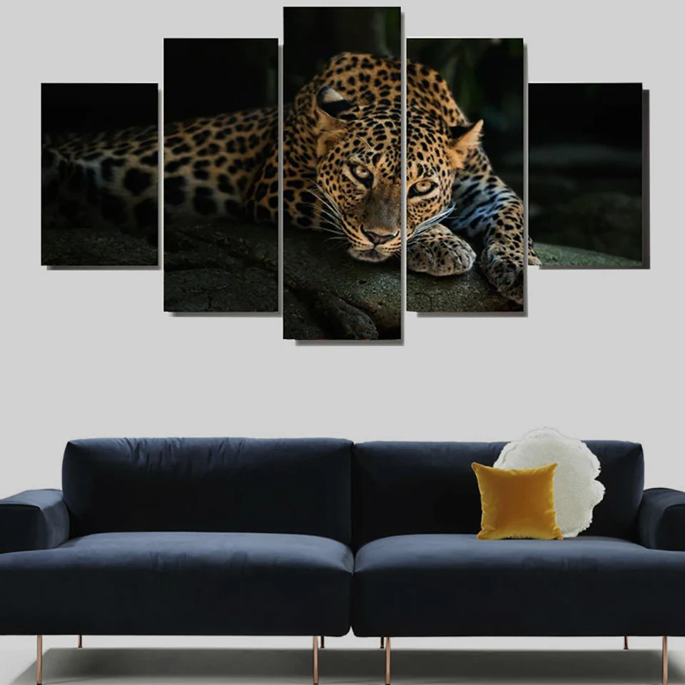 Художественная домашняя рама, для гостиной, HD, с принтом, современная, 5 панелей, леопард, животное, модульное украшение, плакаты, Картина на холсте, настенная живопись