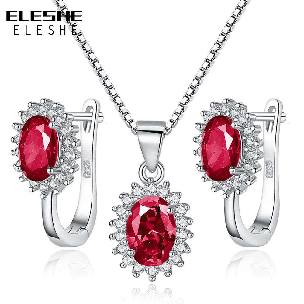 

ELESHE Jewelry Set 925 Sterling Silver Zircon Bijoux Red Crystal Wedding Accessories Party Earrings Necklace For Women Gift