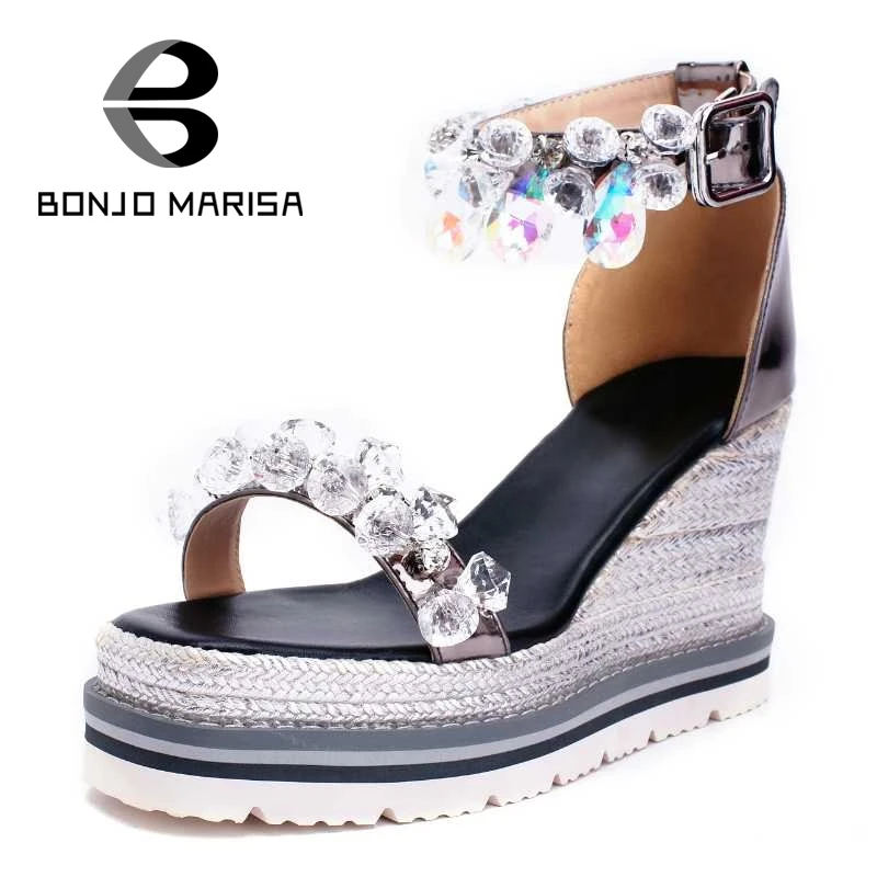 

BONJOMARISA Rhinestone Flower Women Sandals Sexy Ankle Strap High Heel Wedge Open Toe Platform Shoes Summer Woman Footwear