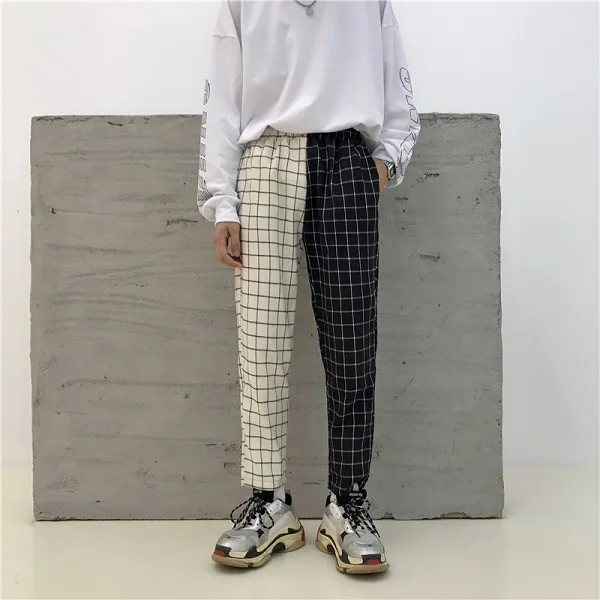 Korea ulzzang Harajuku pants summer lattice personality stitching Vintage plaid casual nine pants couple hip hop fun new pants - Цвет: Бежевый