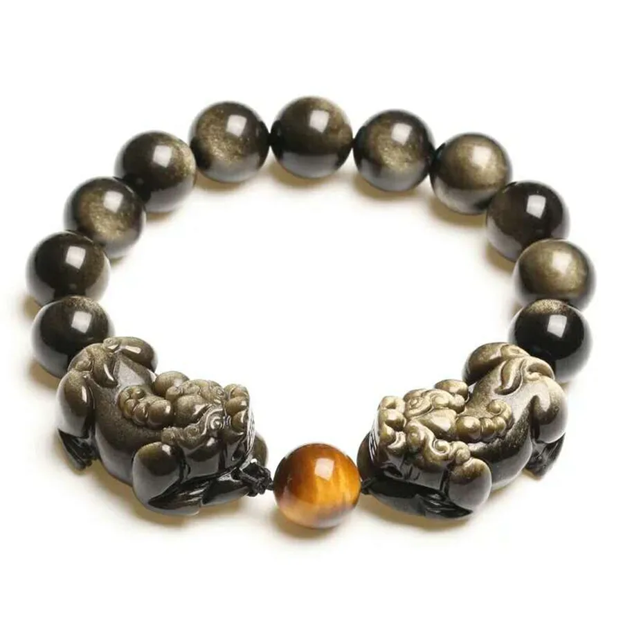 16 мм натуральный черный GoldObsidian браслет Женщины Мужчины подарок Целебный Камень Стрейч круглые бусины Кристалл ювелирные изделия Прямая - Цвет камня: 14mm