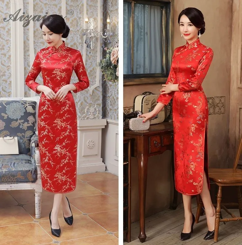 Мода невесты Печать Cheongsam длинное атласное платье Китайский традиционный свадебный платья Qi Pao Для женщин восточные костюмы халат