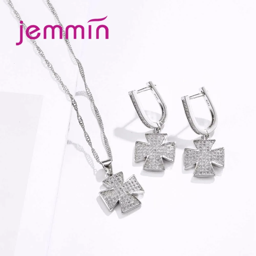 Jemmin модные свадебные Jewelry Set White Crystal геометрический Цепочки и ожерелья серьги Шарм 925 серебряные свадебные комплекты ювелирных изделий