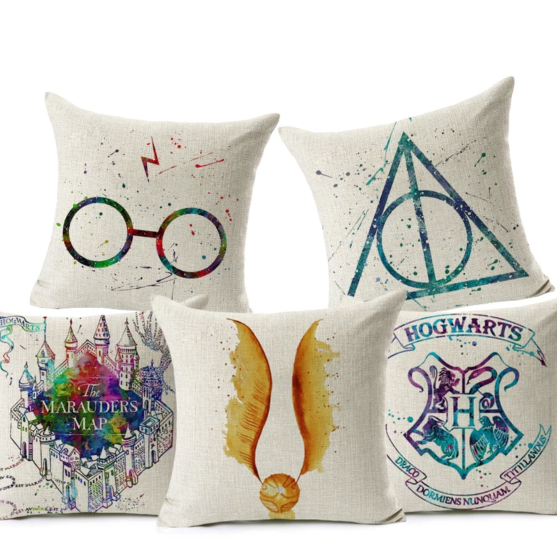 

Harry Potter Cushion Cover Cotton Linen Goblet of Fire The Deathly Hallows Home Decorative Pillow Cover for Sofa Cojines