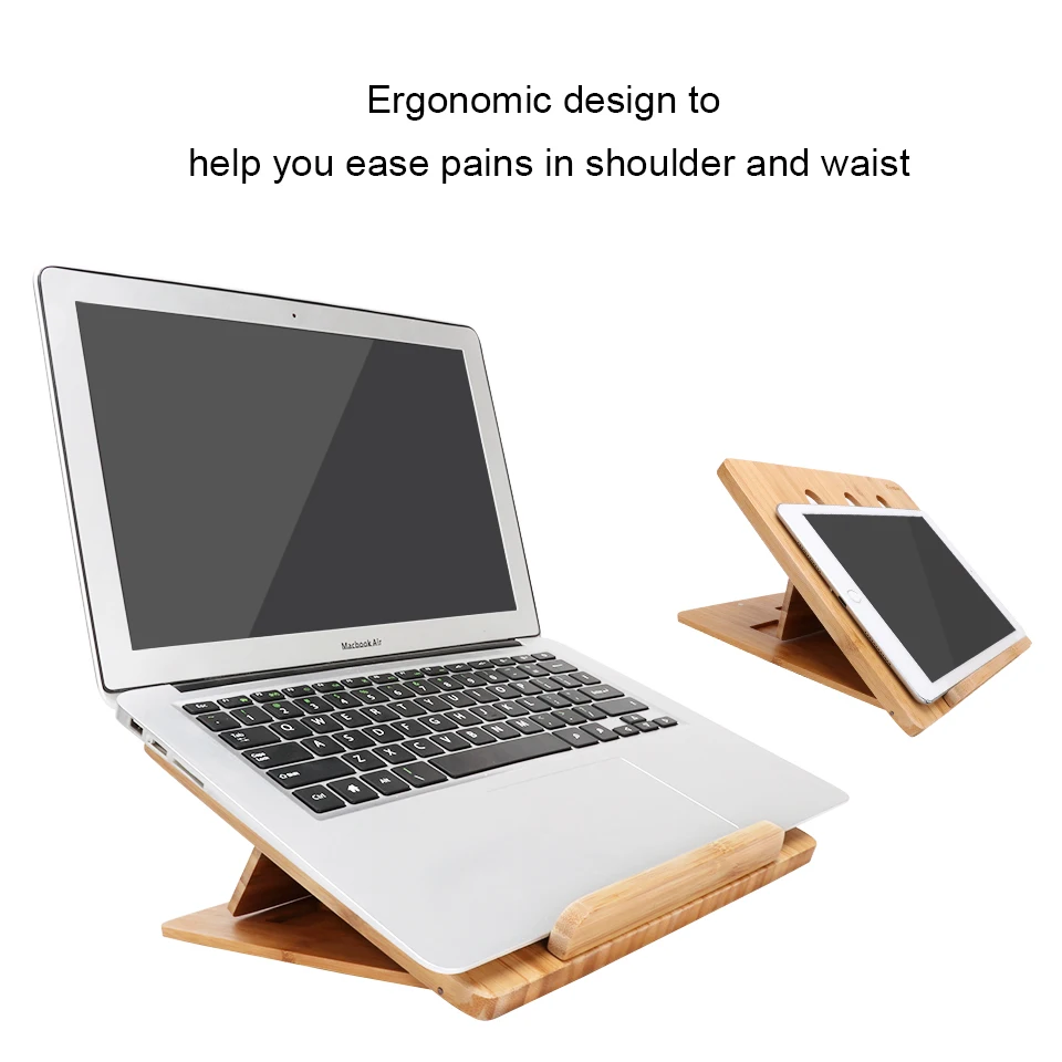 Icozzier-suporte dobrável de bambu para laptop, ajustável,