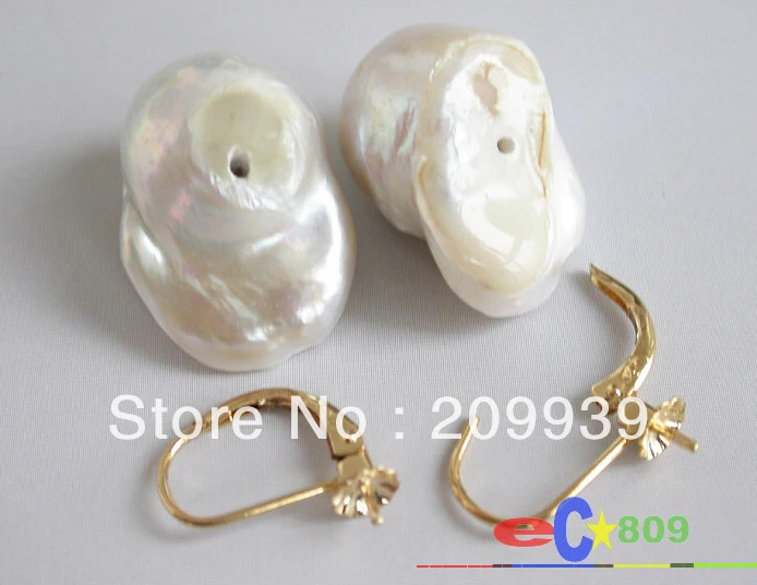 

hj 0013 HUGE real 20MM white baroque keshi reborn PEARL EARRING 14K